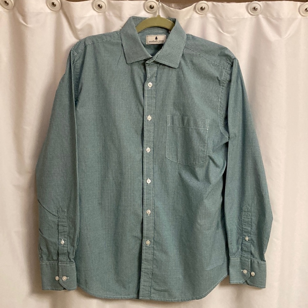 Southern Pines 100% Cotton Button Down Men’s Shirt Forest Green and White Check